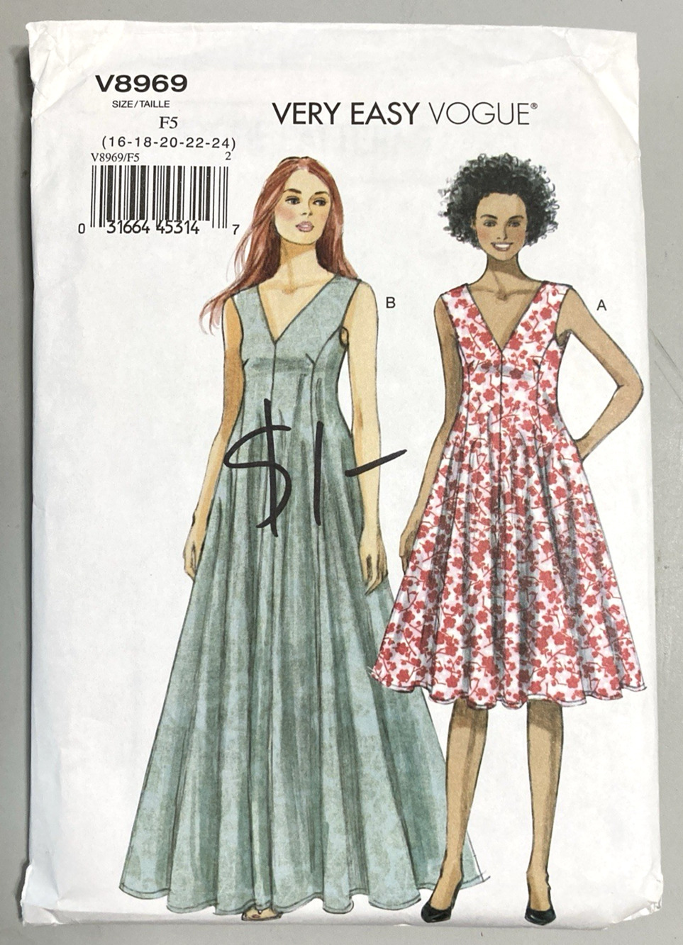 Vogue 8969 Very Easy Dress Pattern Flared 2 Lengths Side Pockets Sz 16-24 UNCUT